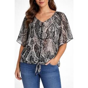 Style & Co Women’s Blouse XL Black White Paisley Sheer Tie Front Long Sleeve Y2K